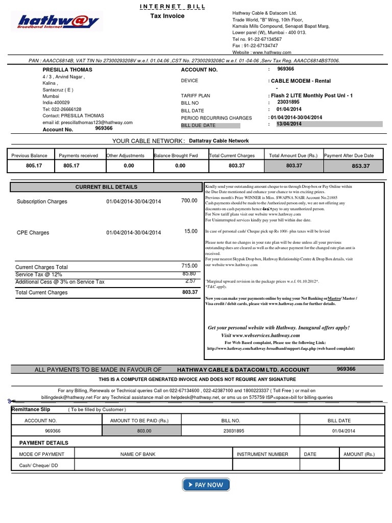 Internet Bill Invoice for Hathway Services | PDF | Payments | Cheque