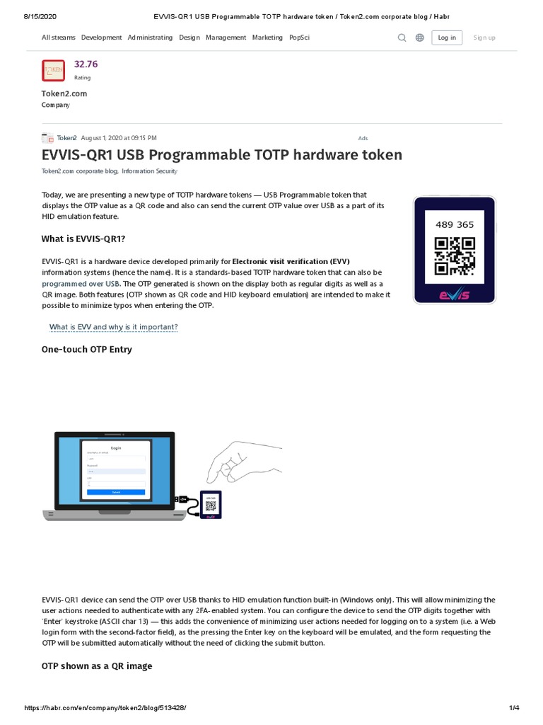 EVVIS-QR1 USB Programmable TOTP Hardware Token - Token2.com Corporate ...