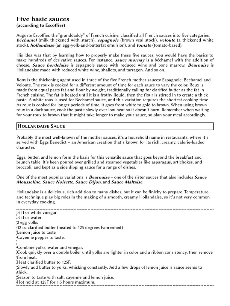 Escoffier's 5 basic sauces PDF Tomato Sauce Sauce