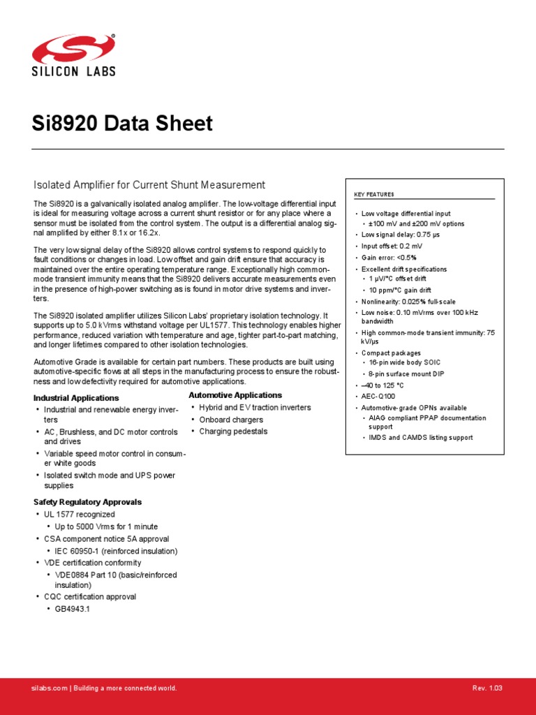 Si8920 Current Sensor PDF Amplifier Electronic Filter