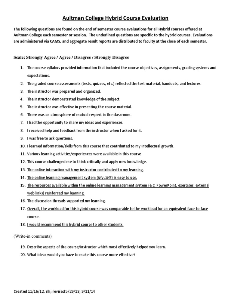 Sample Hybrid End of Course Evaluation | PDF