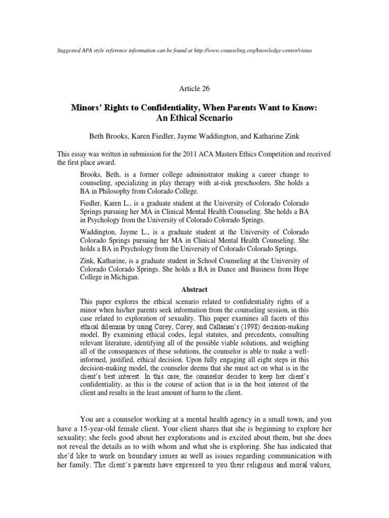 Minors Rights To Confidentiality When Parents Want To Know An Ethical ...