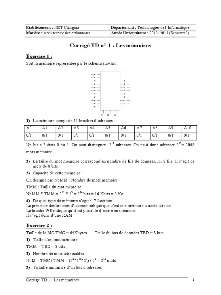 Corrigé TD 1 : Les mémoires RAM | PDF | Mémoire vive | Mémoire ...