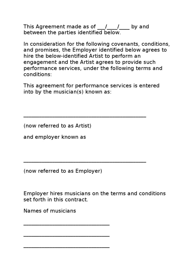 Artist Performance Agreement Template | PDF | Private Law | Employment