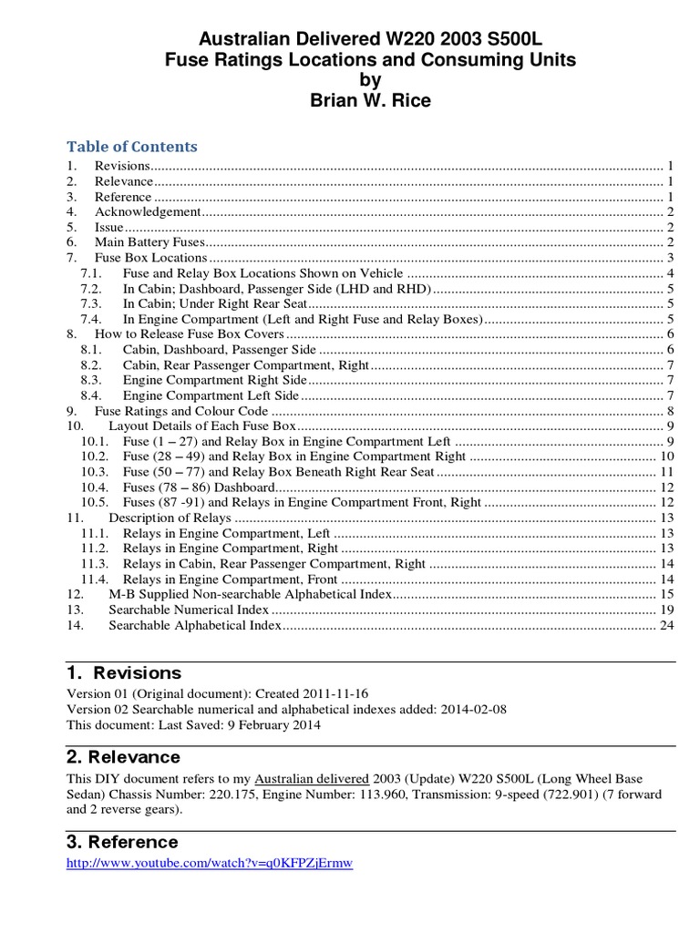 W220 Fuse Ratings Locations and Consuming Units Version 02 PDF