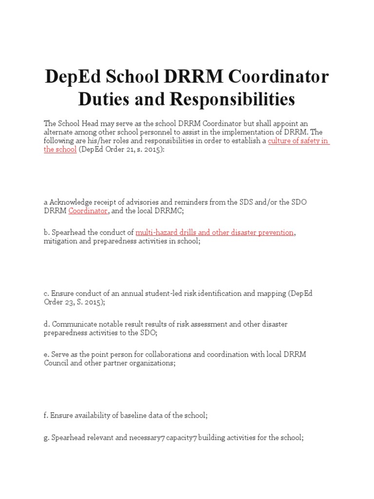 Deped School Drrm Coordinator Duties And Responsibilities | Pdf | Emergency  Management | Hazards