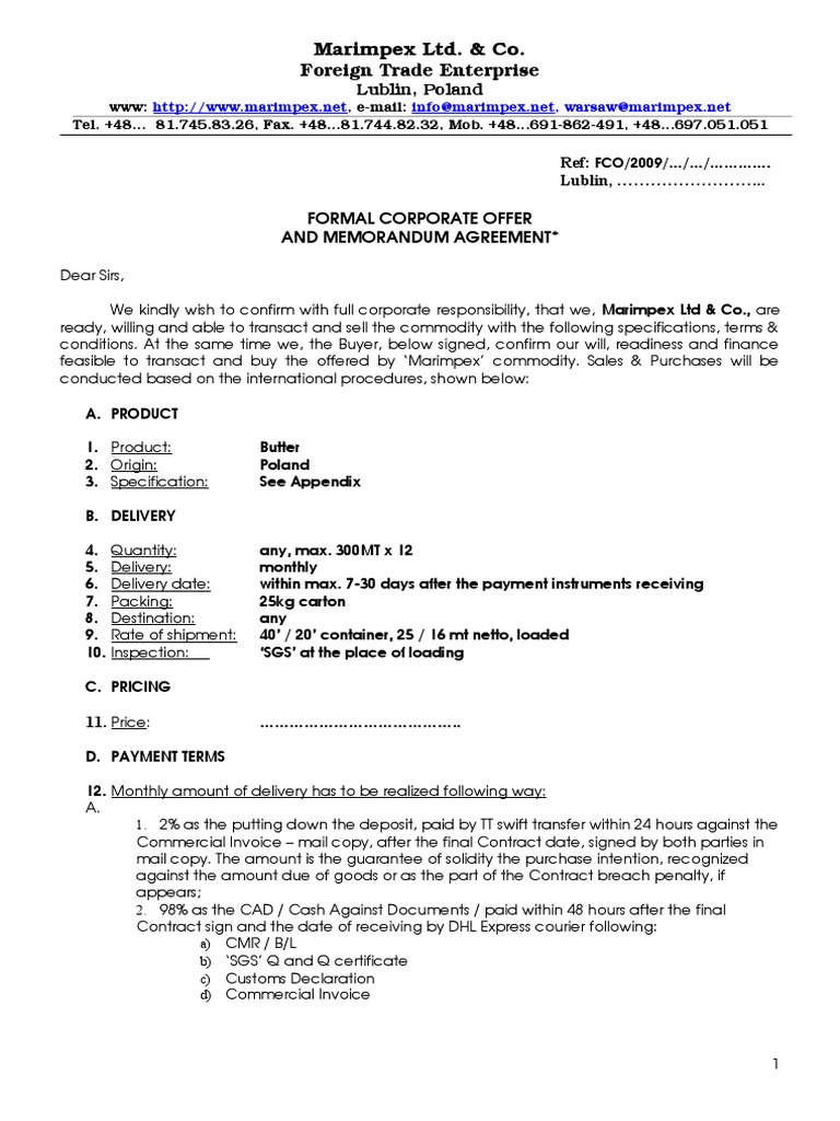 Full Corporate Offer and Memorandum Agreement | PDF | Pro Forma ...