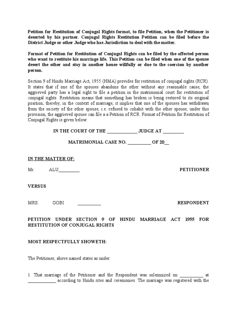 Restitution of Conjugal Rights Petition Format | PDF | Marriage ...