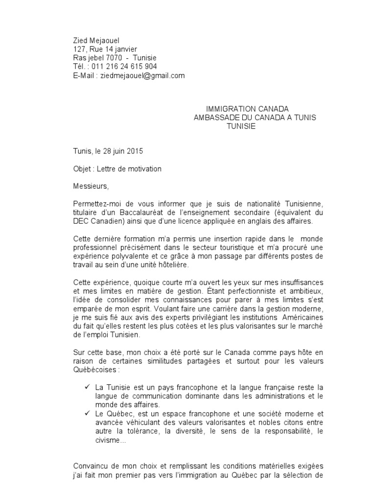 Exemple De Lettre De Motivation Pour Immigrer Au Canada