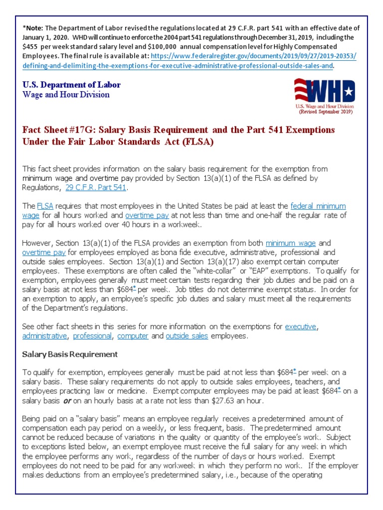 Fact Sheet 17G Salary Basis Requirement and The Part 541 Exemptions