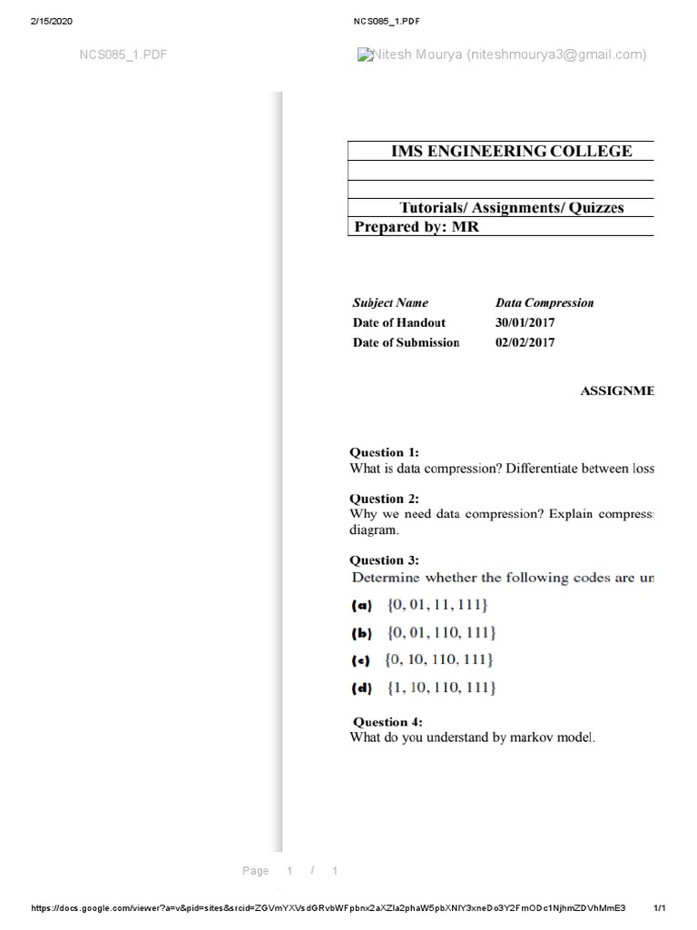Data Compression Assignment NCS-085 | PDF | Computers | Technology ...