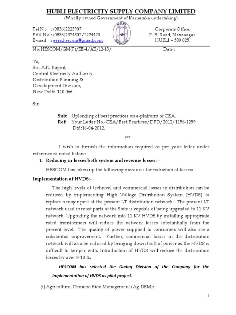 Hubli Electricity Supply Company Limited Reducing in Losses Both