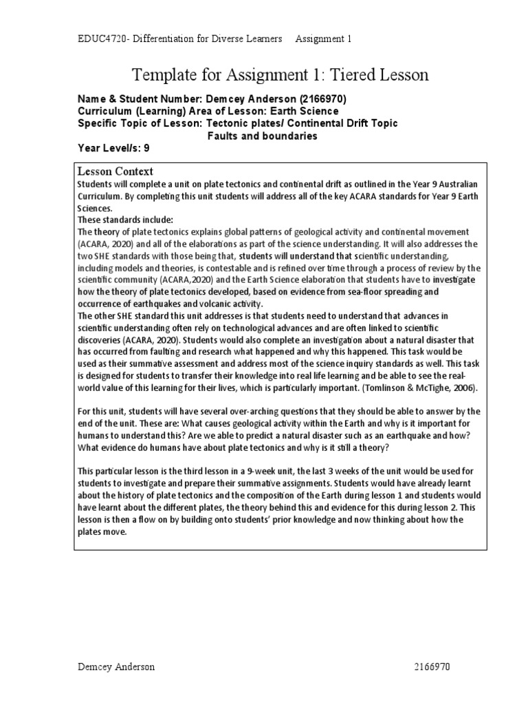 Tiered Lesson Plan on Tectonic Plates | PDF | Plate Tectonics | Geology