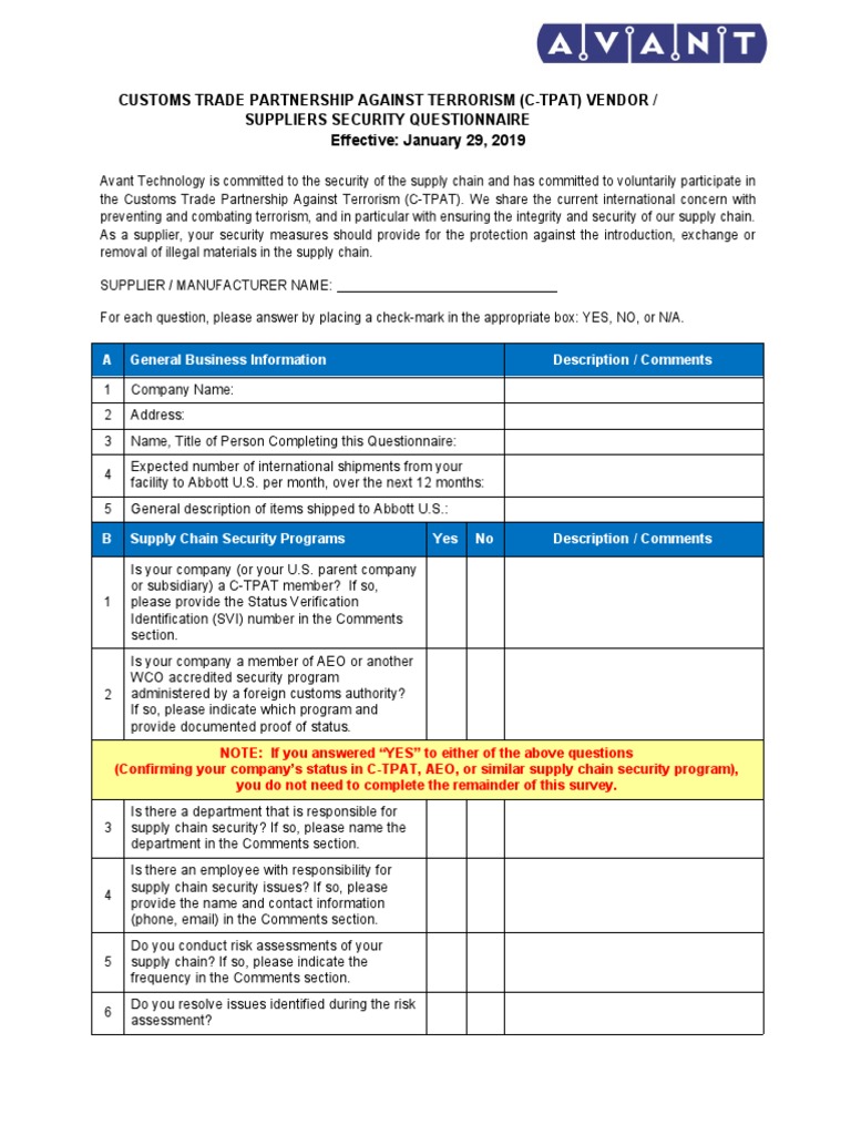 C-TPAT Supplier Security Questionnaire | PDF | Security Guard | Supply ...