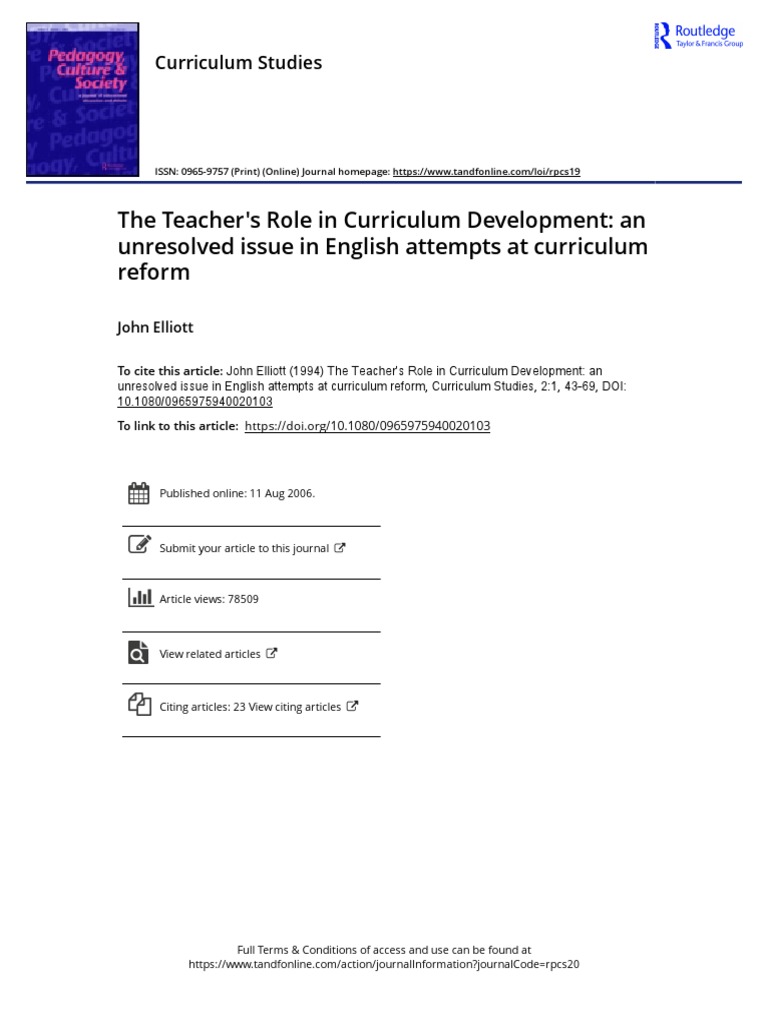 The Teacher S Role in Curriculum Development An Unresolved Issue in ...