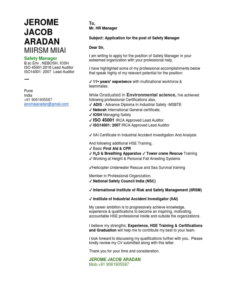 Application for Safety Manager Position | PDF | Safety | Business