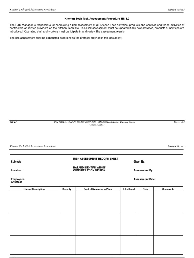 3 Kitchen Tech Risk Assmnt Procedure | PDF | Risk Assessment | Hazards