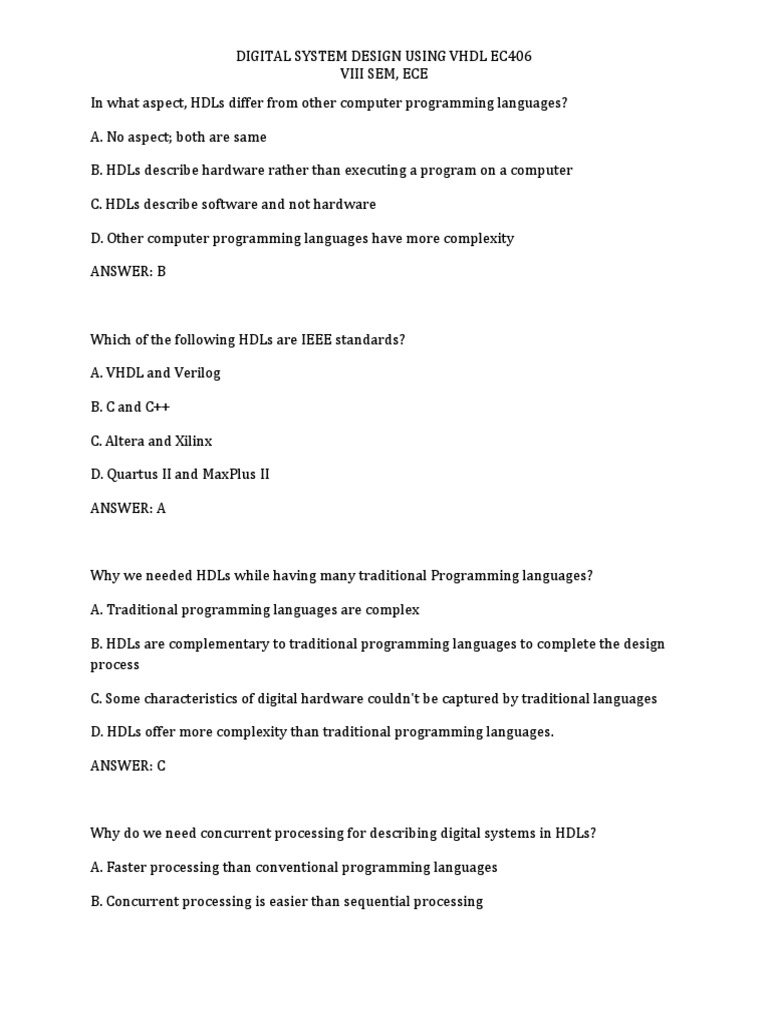 Vhdl Mcq Hardware Description Language Vhdl