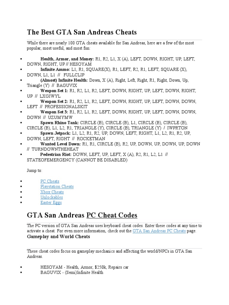 The Best GTA San Andreas Cheats | PDF | Leisure | Sports