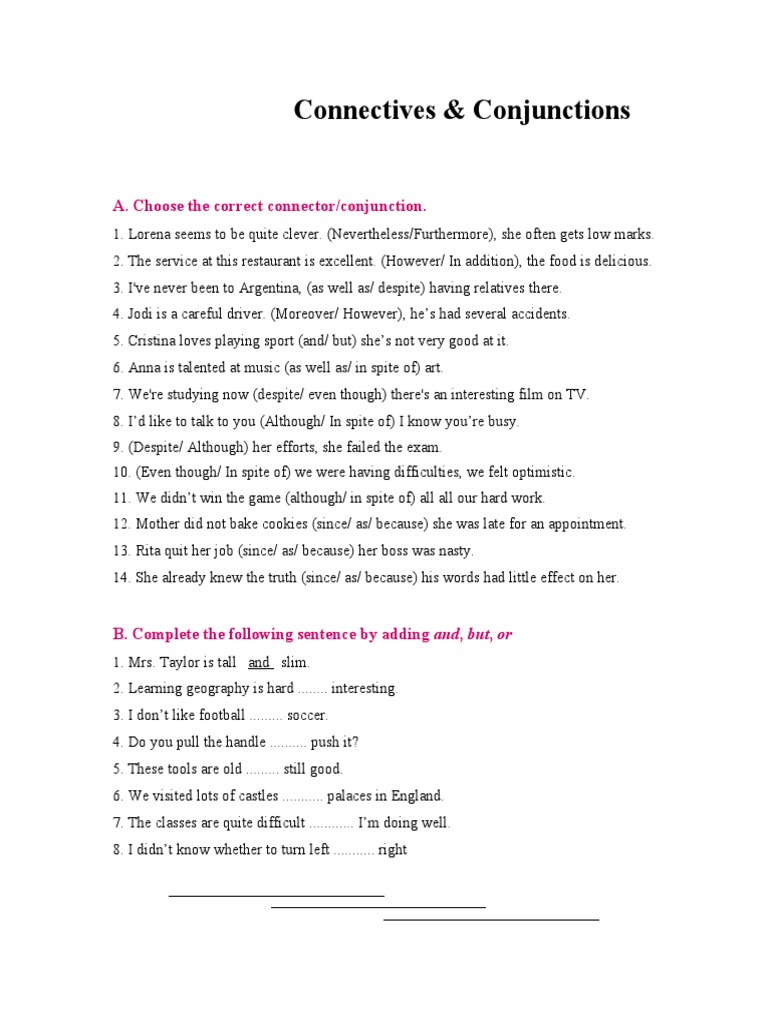 Connectives and Conjunctions Exercises | PDF | Language Arts & Discipline
