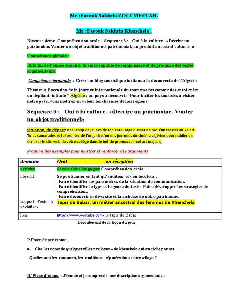 Exemple De Fiche Pour L oral De Français Pdf 4AM. Compréhension de L'oral. Séq 3 P 1.docx Version 1 | PDF | Héritage  culturel