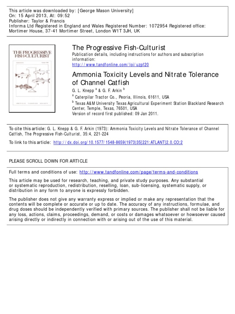 Ammonia Toxicity Levels and Nitrate Tolerance of Channel Catfish PDF