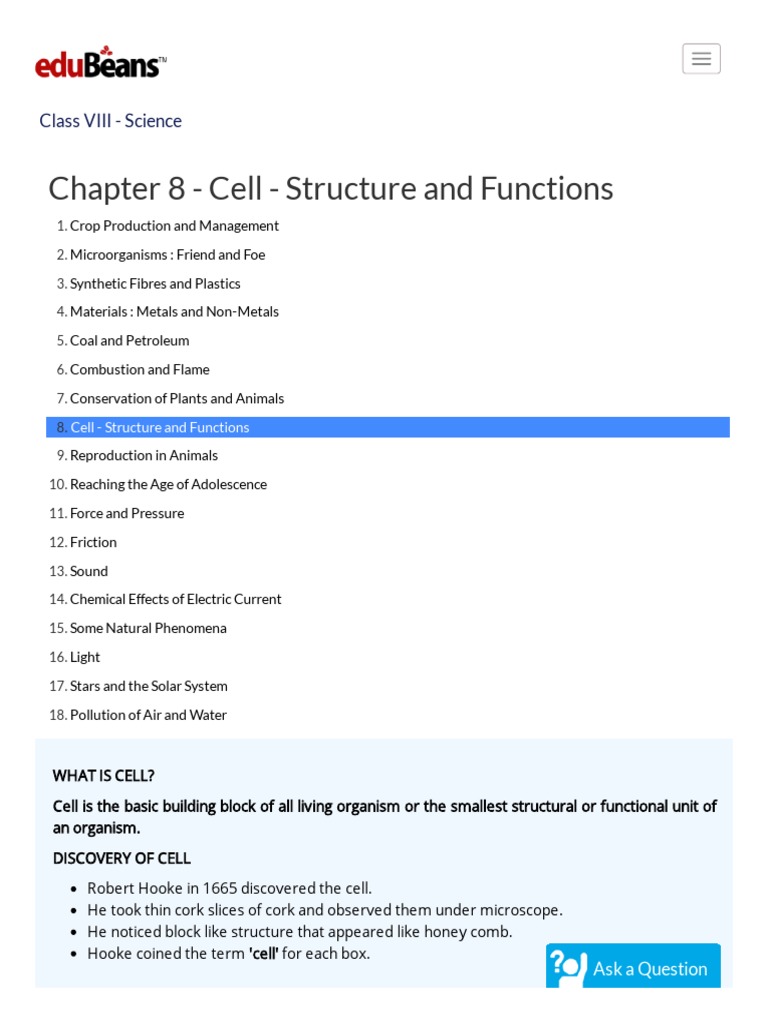 Chapter 8 - Cell - Structure and Functions: Class VIII - Science | PDF ...