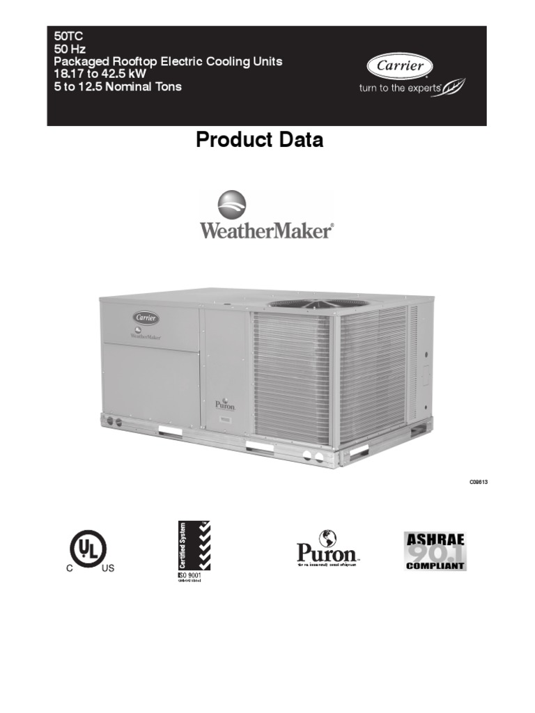 Product Data: 50TC 50 HZ Packaged Rooftop Electric Cooling Units 18.17 ...
