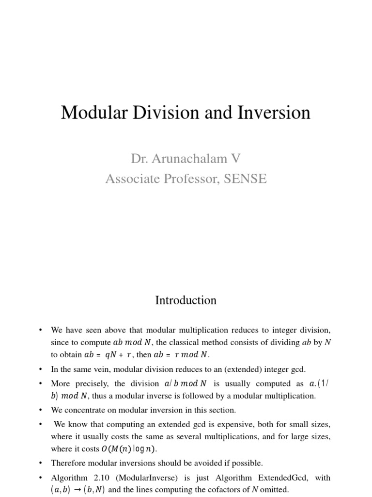Modular Division and Inversion: Dr. Arunachalam V Associate Professor ...