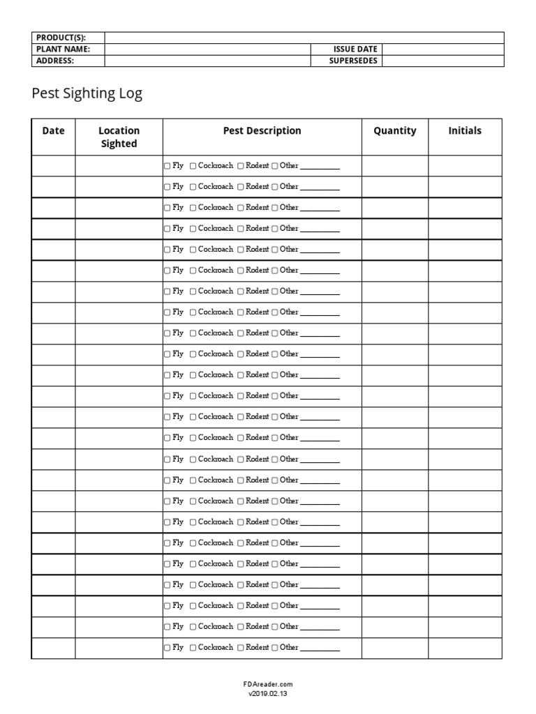 Pest Sighting Log Template | PDF | Pest (Organism) | Insects