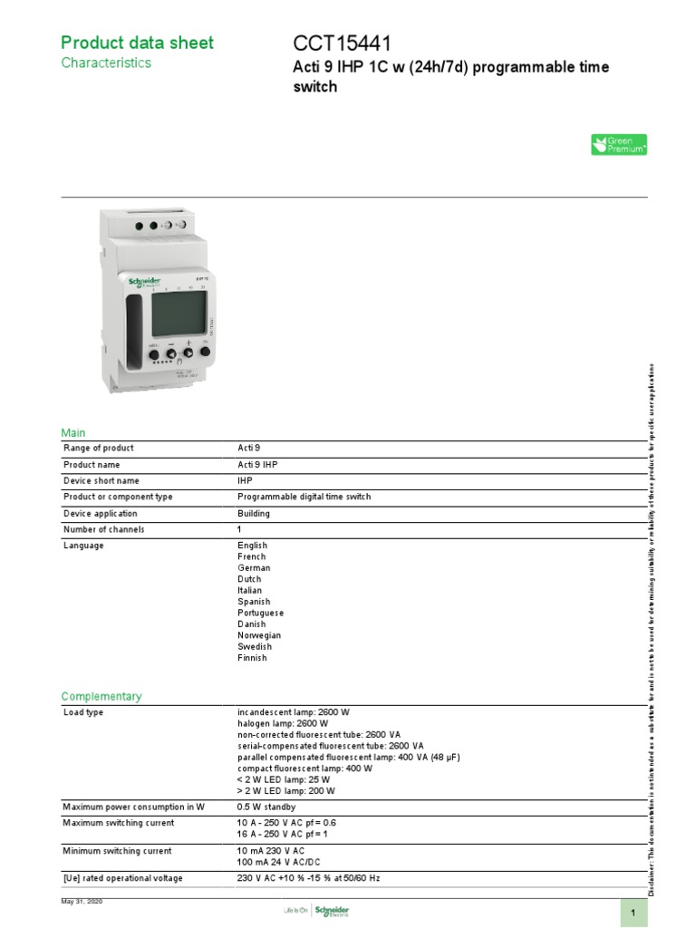 Acti 9 IHP 1C Timer Specifications | PDF | Alternating Current ...