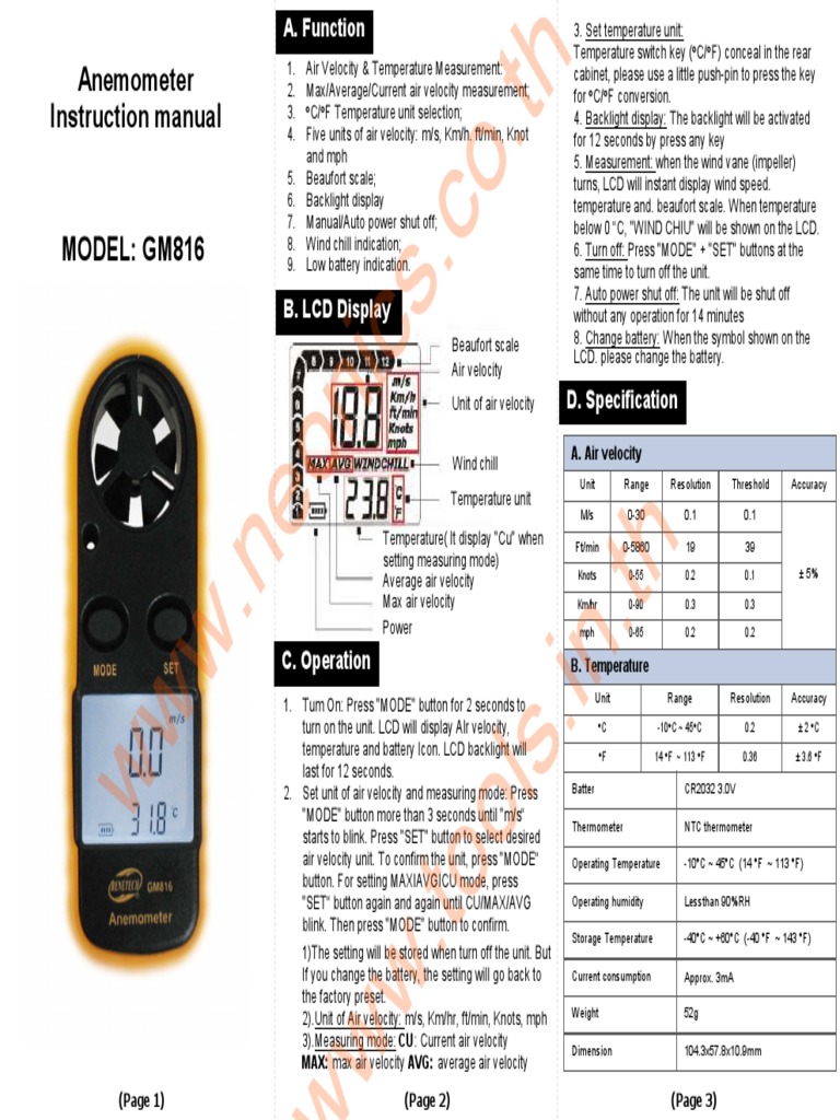 Instruction Manual for the GM816 Anemometer A Guide to Setting Up and