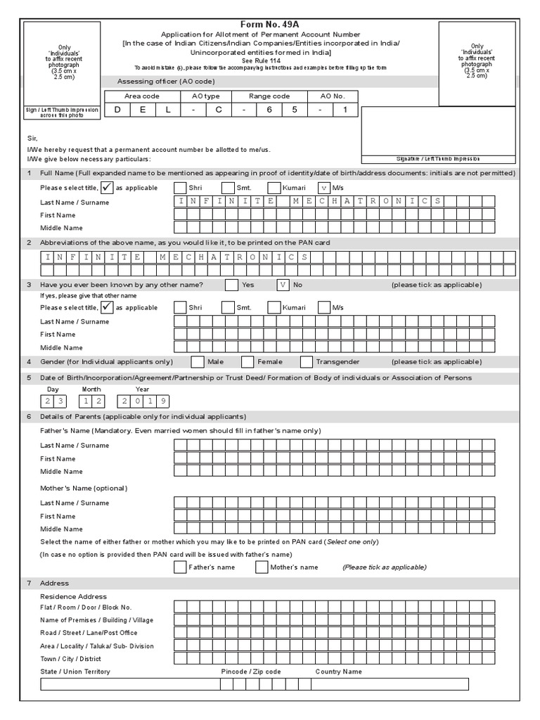 PAN Application Form 49A Instructions | PDF | Identity Document ...