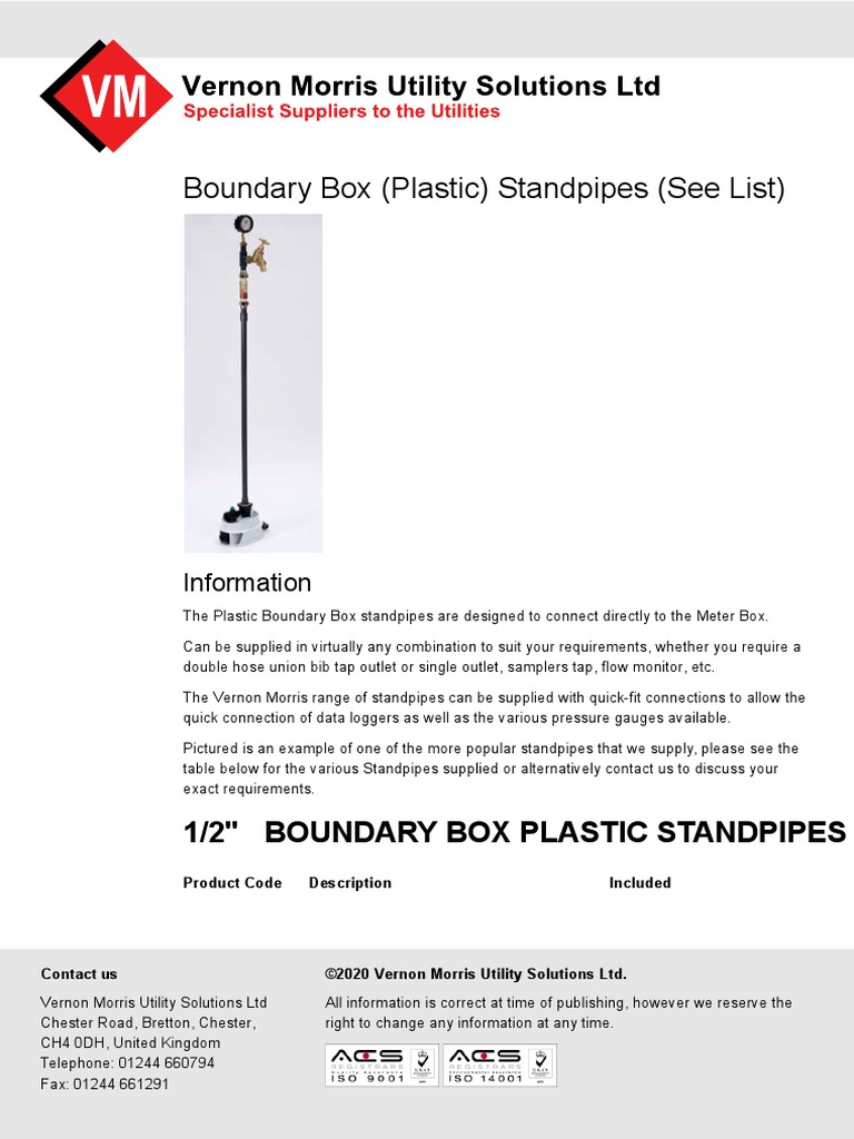 Boundary Box (Plastic) Standpipes (See List) - Vernon Morris | PDF ...