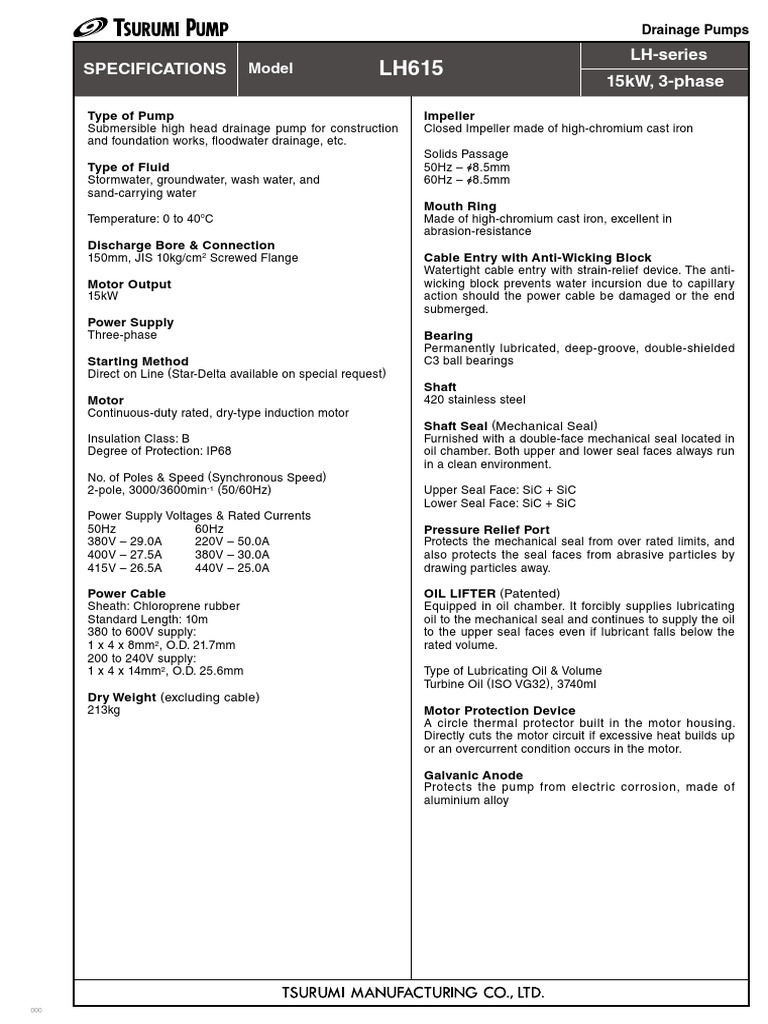 Specifications LHseries 15kW, 3Phase Model PDF Electric Motor Pump