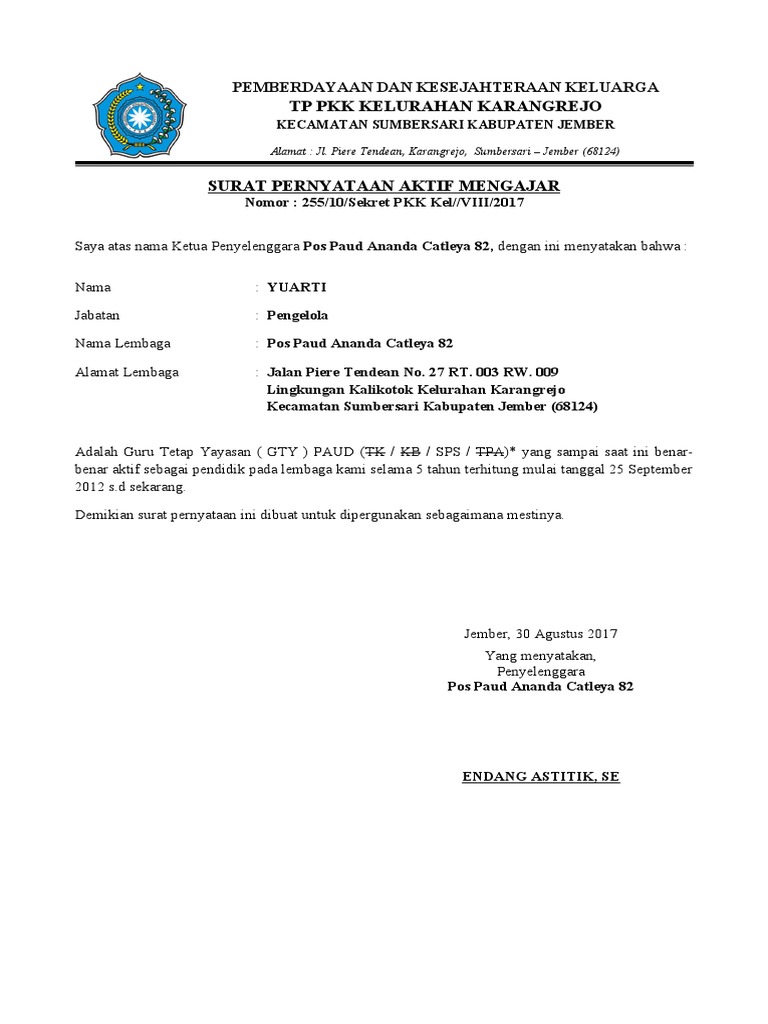 Surat Keterangan Aktif Mengajar