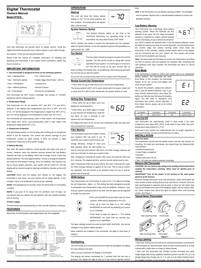 Digital Thermostat Owners Manual PDF Thermostat Furnace