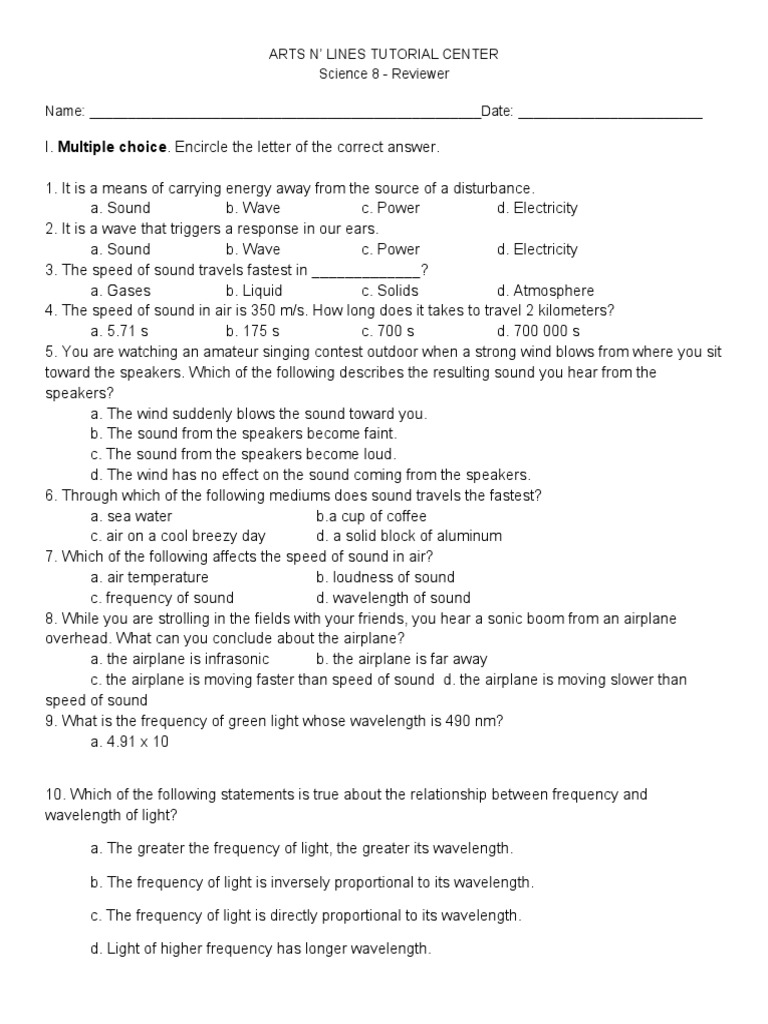 Class 8 Sound Concepts Worksheet | PDF | Sound | Wavelength