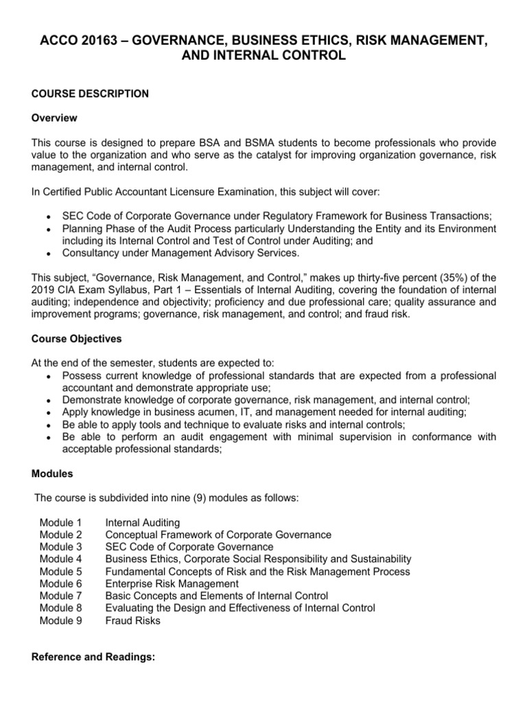 Governance and Risk Management Course | PDF | Internal Control ...