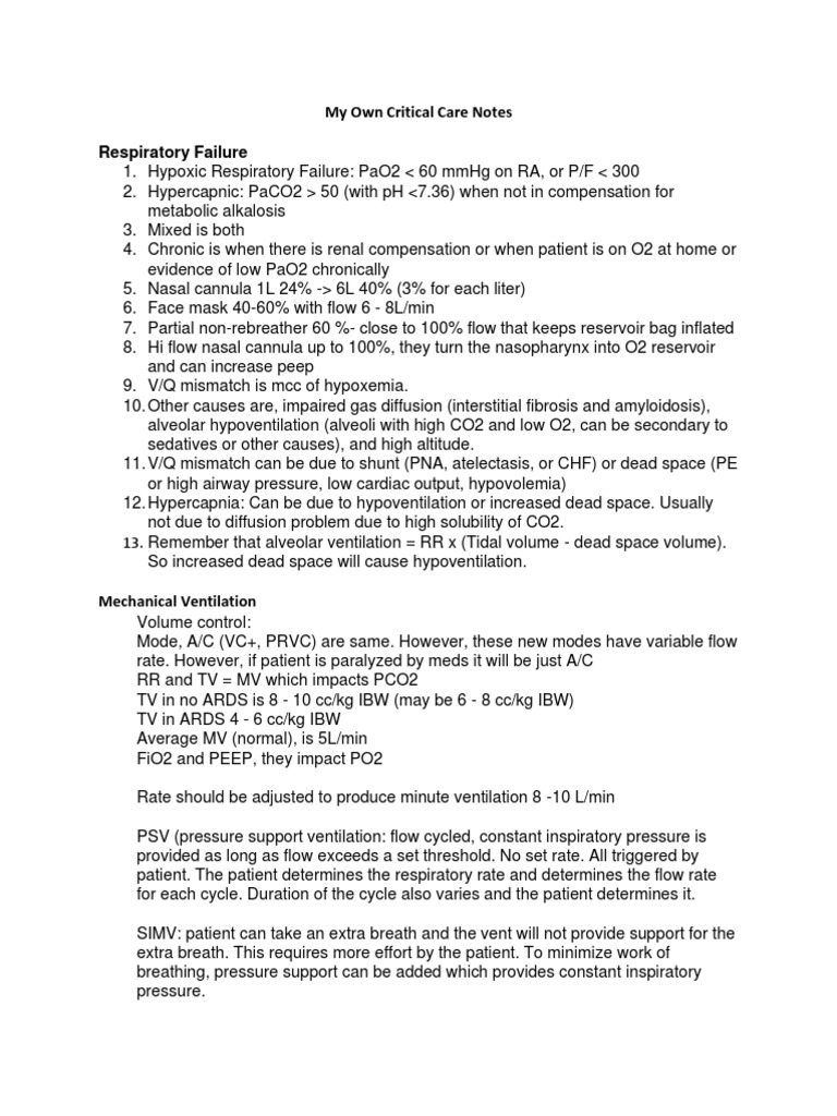 Critical Care Notes: Respiratory & Shock Management | PDF | Shock ...