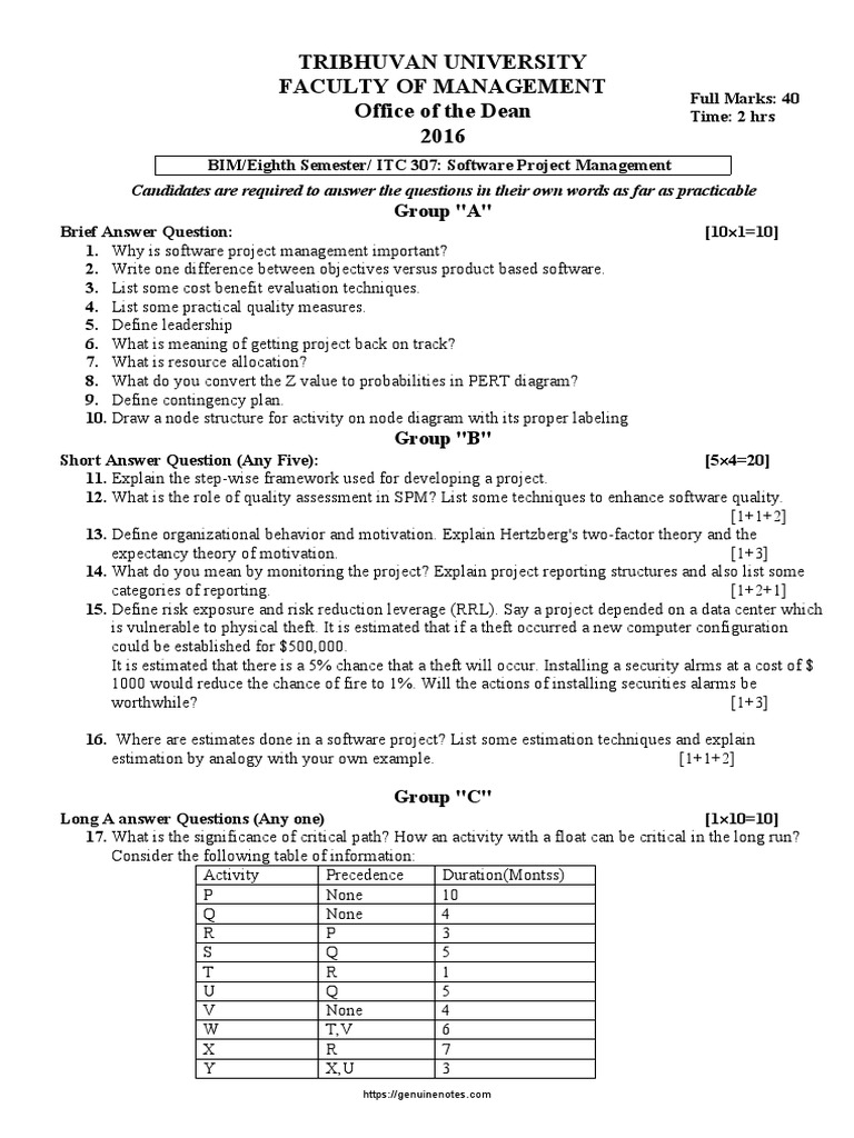 Software Project Management Exam Guide | PDF | Project Management | Risk