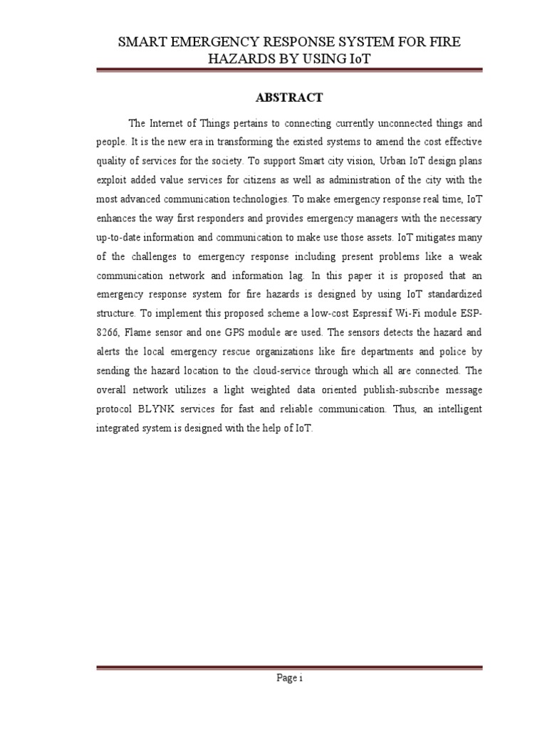 Smart Emergency Response System For Fire Hazards by Using Iot | PDF