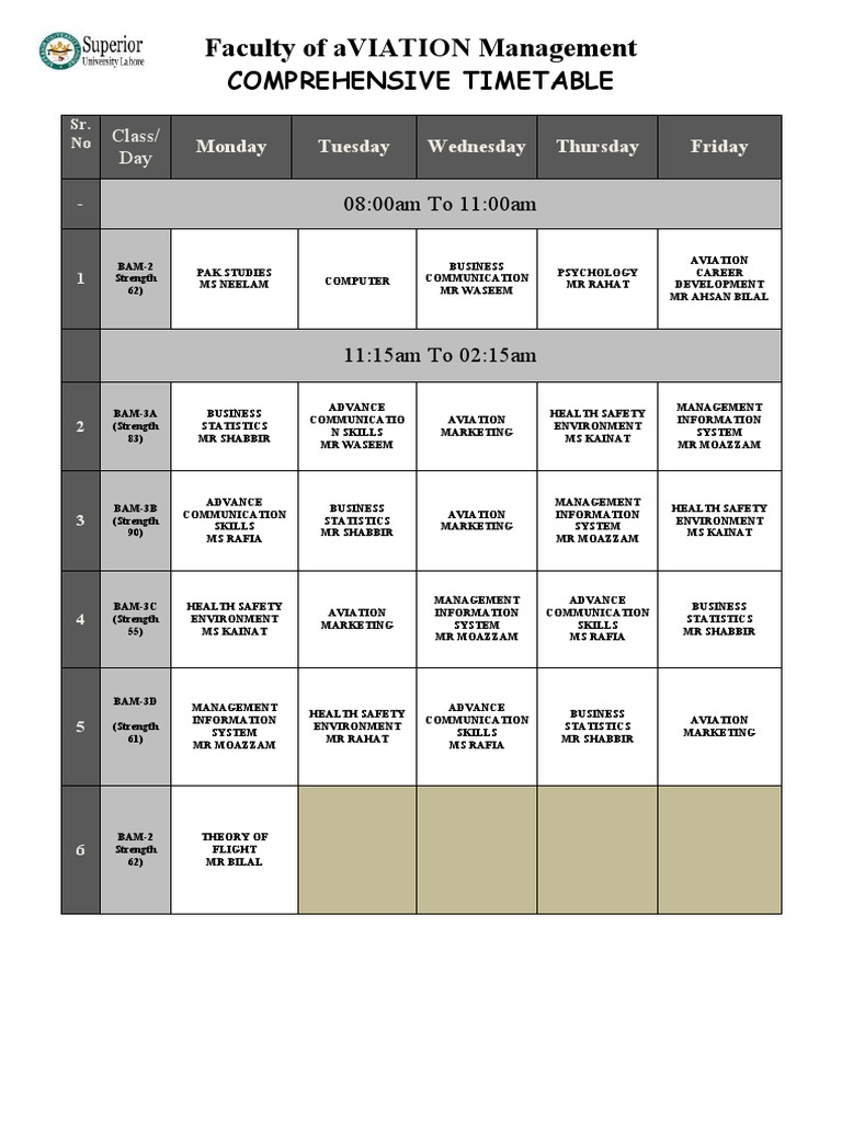 Aviation Management Class Timetable | PDF | Aviation | Transport Safety