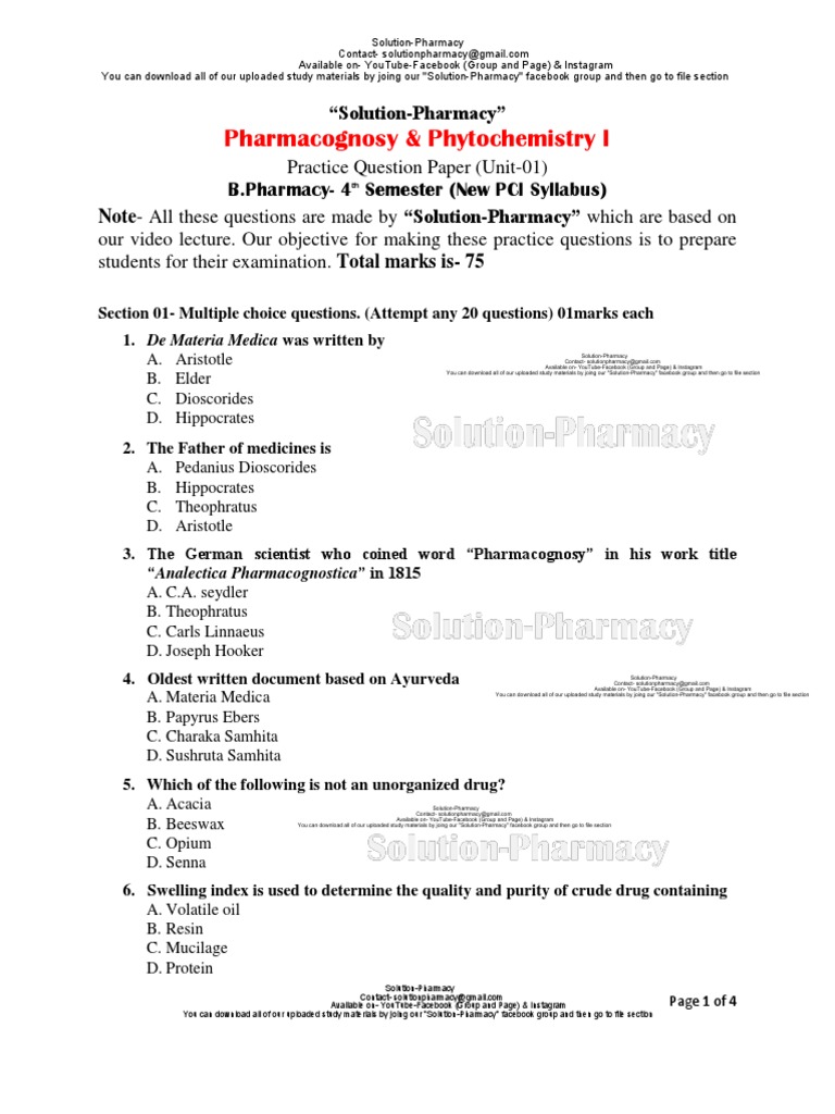 Pharmacognosy-I Model Question Paper (B.pharm 4TH Sem) PDF | PDF ...