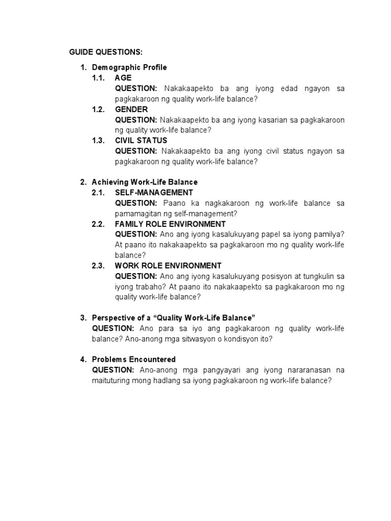 Guide Questions Quality Work Life Balance | PDF