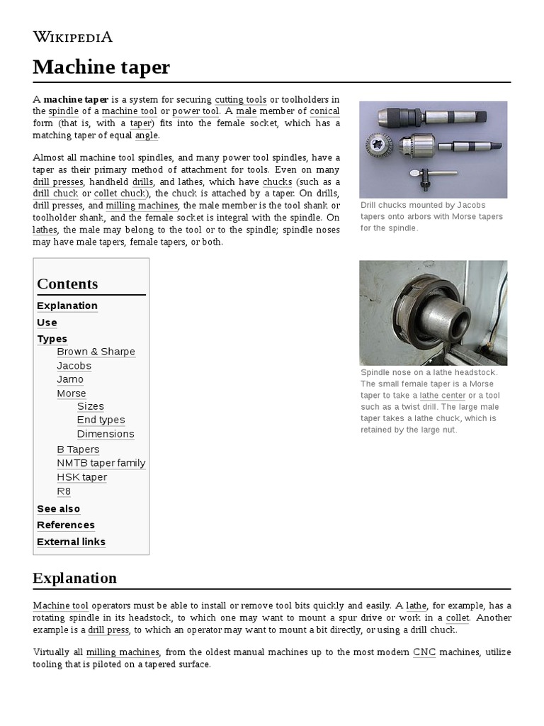 Machine Taper Explanation Use Types PDF Woodworking Manufactured