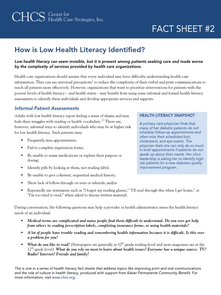 How Is Low Health Literacy Identified PDF Literacy Health Care
