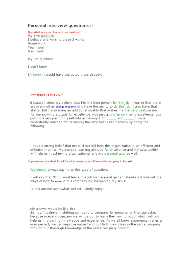 Personal Interview Questions:-: Qualities | PDF | Interview | Job Interview