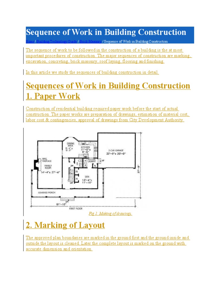 Sequence of Work in Building Construction | PDF | Concrete | Wall