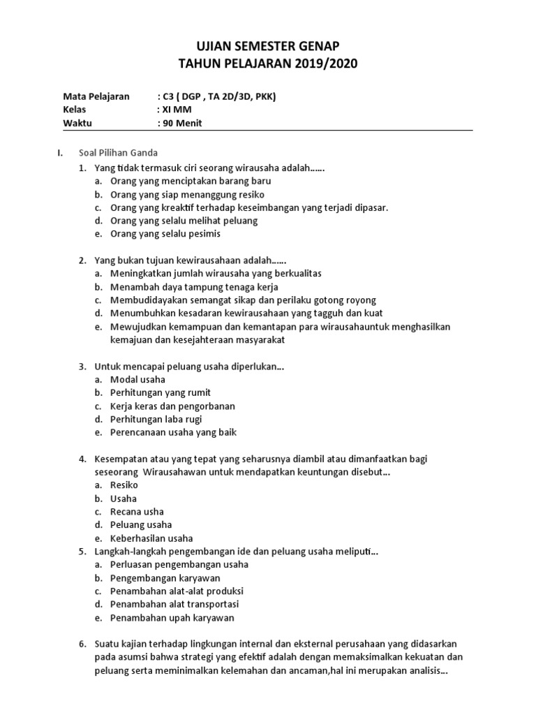 Contoh Soal Ujian Akhir Semester C3 Mm Xi Pdf